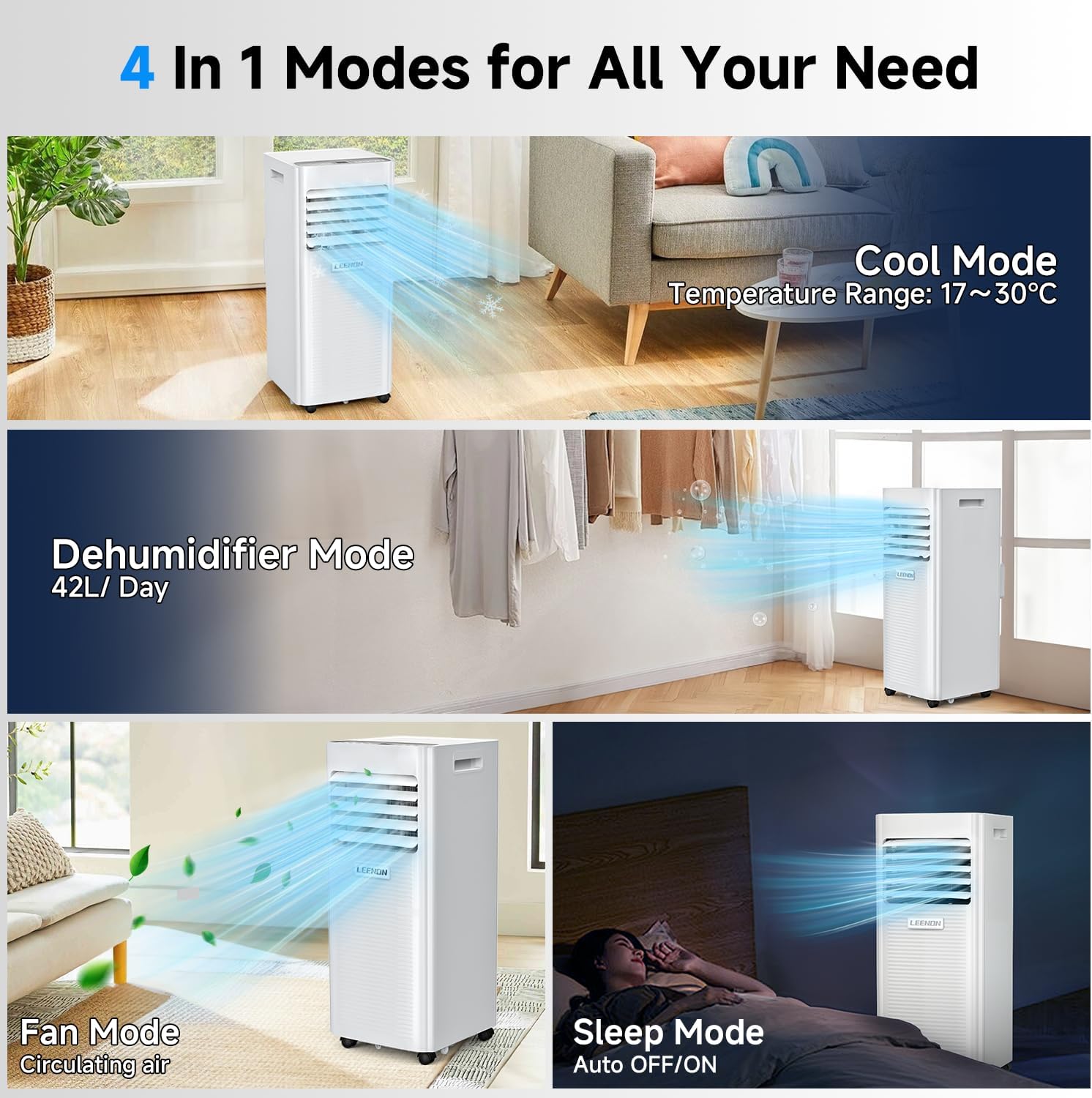 LEENON 9000 BTU Climatiseur Mobile 3 en 1 Climatisation Portable 2.6KW, – Image 3